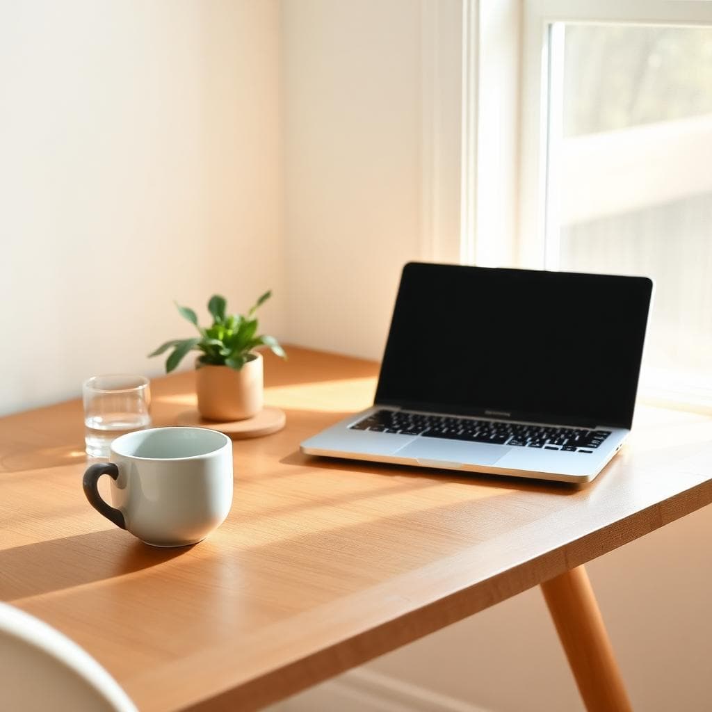 Mesa de trabalho com laptop preparada para sessão online